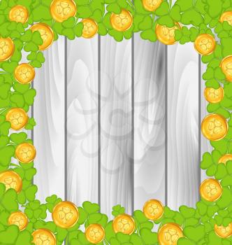 Illustration border with shamrocks and golden coins for St. Patrick's Day, grey wooden background - vector