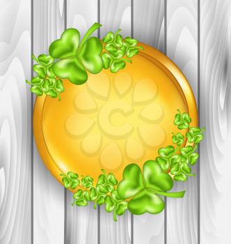 Illustration golden coin with shamrocks. St. Patrick's day symbol, wooden texture - vector
