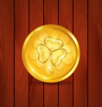 Illustration golden coin with clover on brown wooden texture for St. Patrick's Day - vector