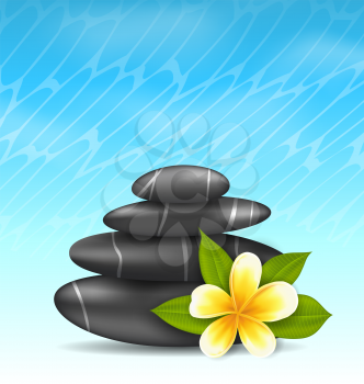 Illustration natural background with frangipani flower (plumeria) and pyramid zen spa stones - vector