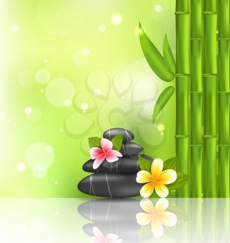 Illustration meditative oriental background with frangipani, bamboo and heap stones, spa therapy - vector