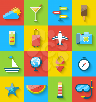 Illustration flat modern design set icons of travel on holiday journey, tourism objects and equipment, long shadow style - vector