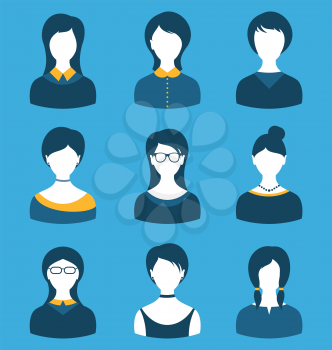 Illustration set female characters, front portrait,  isolated on blue background - vector