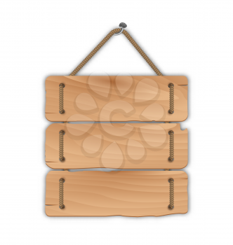 Illustration wooden sign board with rope hanging on a nail - vector