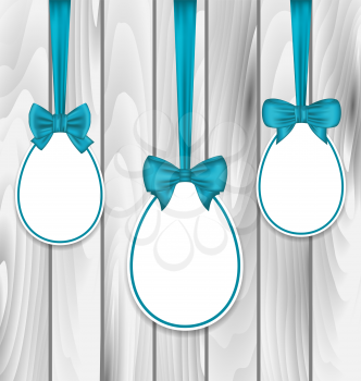 Illustration Easter paper eggs wrapping blue bows on wooden grey background - vector