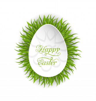 Illustration Happy Easter paper card in form egg with green grass - vector