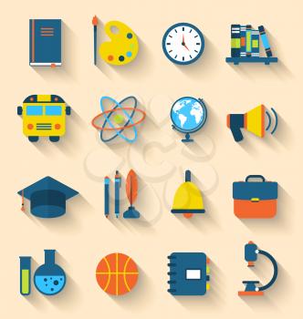Illustration Set of Education Flat Colorful Icons with Long Shadow Style - Vector