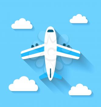 Illustration simple icons of plane and clouds with long shadows, modern flat style - vector