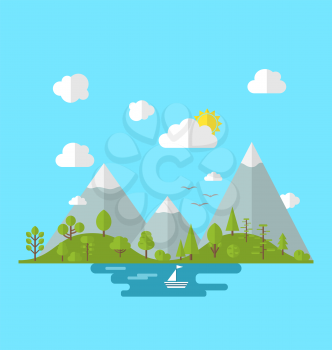 Illustration landscape woods valley hill forest land, nature background in flat style -  vector