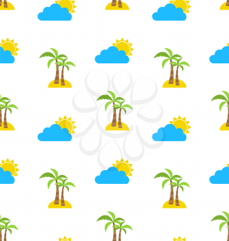 Abstract Seamless Pattern with Tropical Palm Trees, Sun and Clouds. Summer Background. Endless Print Texture. Fabric Design. Wallpaper - Vector
