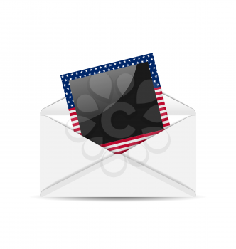 Illustration open envelope with photo frame in US national colors for Independence Day, isolated on white background - vector