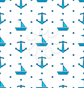 Illustration Seamless Pattern with Sail Boats and Anchors, Nautical Blue Background - Vector
