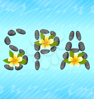 Illustration lettering spa made ​​of pebbles and frangipani flowers (plumeria), zen spa natural background - vector