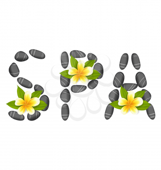 Illustration Lettering Spa Made of Pebbles and Frangipani Flowers, Isolated on White Background - Vector