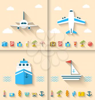 Illustration Set Banners with Flat Icons of Planning Summer Vacation, Minimal Style with Long Shadow - Vector