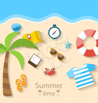 Illustration Summer Time Background with Flat Set Colorful Simple Icons on the Beach - Vector
