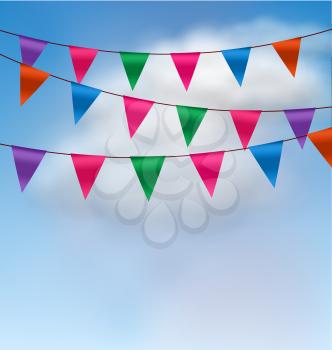 Illustration Multicolored Buntings Flags Garlands in Blue Sky - Vector