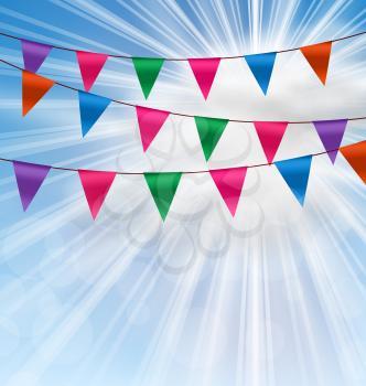 Illustration Party Background with Buntings Flags Garlands, Blue Sky and Sun Rays - Vector