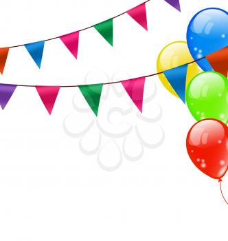 Illustration Colorful Hanging Buntings Pennants and Flying Balloons, Isolated on White Background - Vector