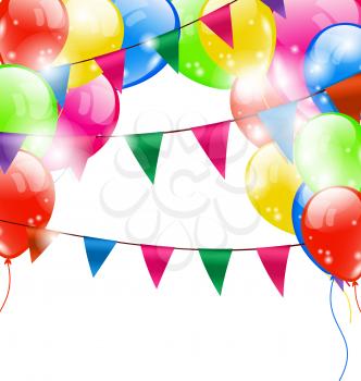 Illustration Funny Background with Balloons and Hanging Buntings Flags Garlands for Holiday - Vector