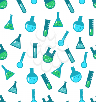 Illustration Seamless Pattern of Chemical Tubes and Flasks, Scientific Wallpaper - Vector