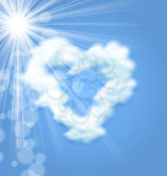 Sun Fluffy Cloud Shape Heart Love Symbol Blue Sky - vector