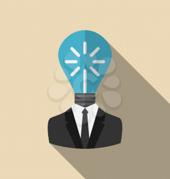 Illustration Concept Lamp of New Idea as out of Head Businessman, Flat Icon with Long Shadow - vector