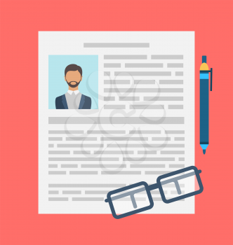 Illustration Writing a Business CV Resume Concept, Flat icon of Document, Pen, Glasses - Vector