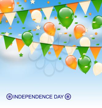 Illustration Decoration Buntings Flags Garlands and Balloons in Traditional Tricolor of Flag on Blue Sky for Indian Independence Day - Vector