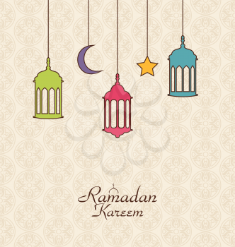 Illustration Celebration Islamic Card with Arabic Hanging Lamps for Ramadan Kareem - Vector