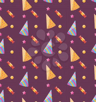 Illustration Seamless Funny Texture with Party Hats and Sweets, Holiday Wallpaper - Vector