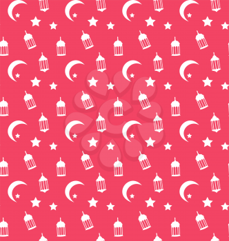 Illustration Islamic Seamless Pattern with Arabic Lamps, Crescents and Stars - Vector