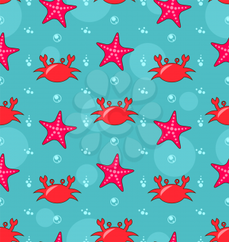 Illustration Seamless Background with Starfish and Crabs, Colorful Pattern - Vector
