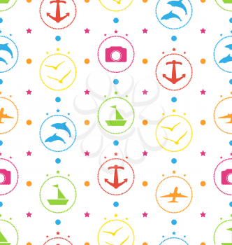 Illustration Travel Seamless Pattern with Colorful Elements, Vacation Background - Vector