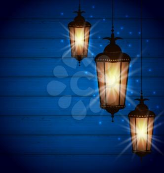 Illustration Set Arabic Lamps for Holy Month of Muslim Community, Wooden background - Vector
