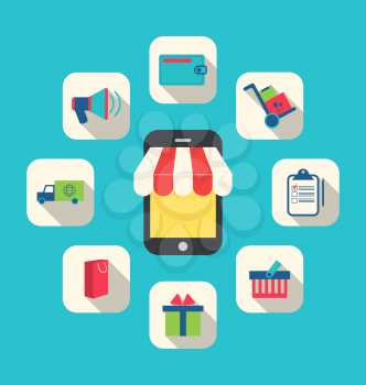 Illustration Concept of Online Shop, E-commerce, Colorful Simple Icons - Vector