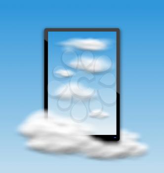 Illustration Black Tablet PC Computer with Clouds and Blue Sky - Vector