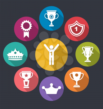 Illustration Flat Icons Set of Rewards and Trophy Signs, Long Shadow Design - Vector