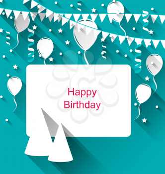 Illustration Celebration Card with Party Hats, Balloons, Confetti and Hanging Flags Pennants - Vector