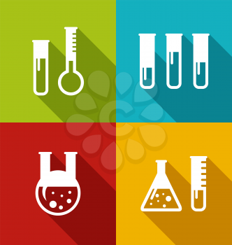 Illustration Chemical Test Tubes, Flasks, Retorts, Beakers, Reactants with Long Shadows, Modern Style - Vector
