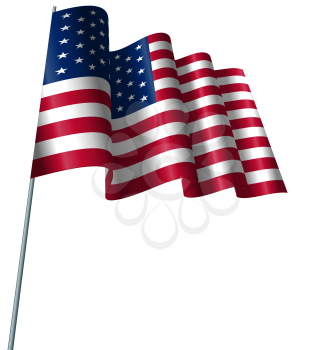 Illustration American Flag Waving Wind, Isolated on White Background - Vector
