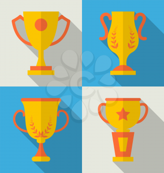 Illustration Trophy Flat Icons Set of Success Award Reward Winner, Long Shadow Style - Vector