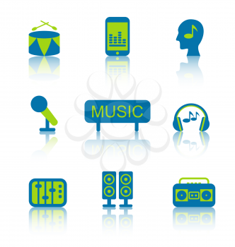 Illustration Set Colorful Icons of Music Equipment and Objects with Reflection. Isolated on White Background (2) - Vector