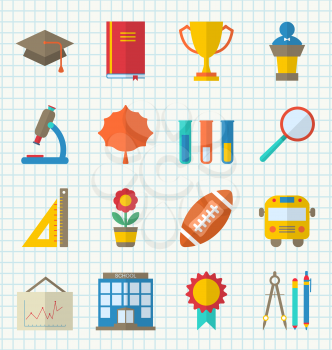 Illustration School Colorful Icons, Objects and Elements for Education, Minimalistic Style - Vector