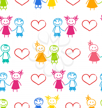 Illustration Seamless Romantic Wallpaper with Couple of Colorful Kids - Vector