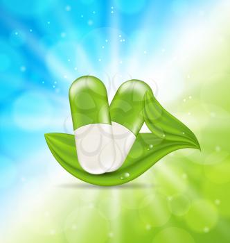 Illustration Natural Medical Pills with Green Leaves, on Blue Illuminated Background - Vector