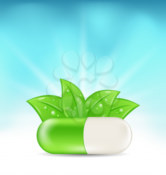 Illustration Natural Medical Pill with Green Leaves, on Blue Illuminated Background - Vector
