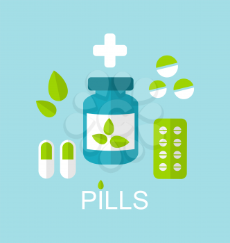 Illustration Flat Icon of Tablets (Pills, Capsules, Drugs) and Leaves, Alternative Medicine - Vector