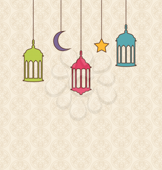 Illustration Islamic Background with Arabic Hanging Lamps for Ramadan Kareem - Vector