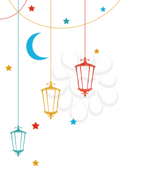 Illustration Ramadan Kareem Background with Colorful Lamps, Crescents and Stars - Vector